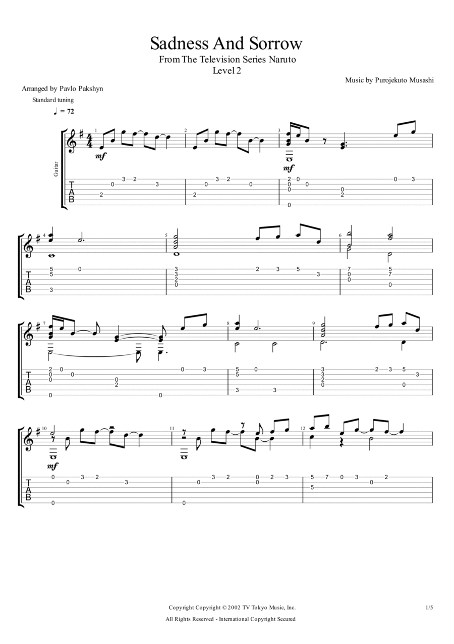Sadness And Sorrow Guitar Tablature scores gallery preview page 1