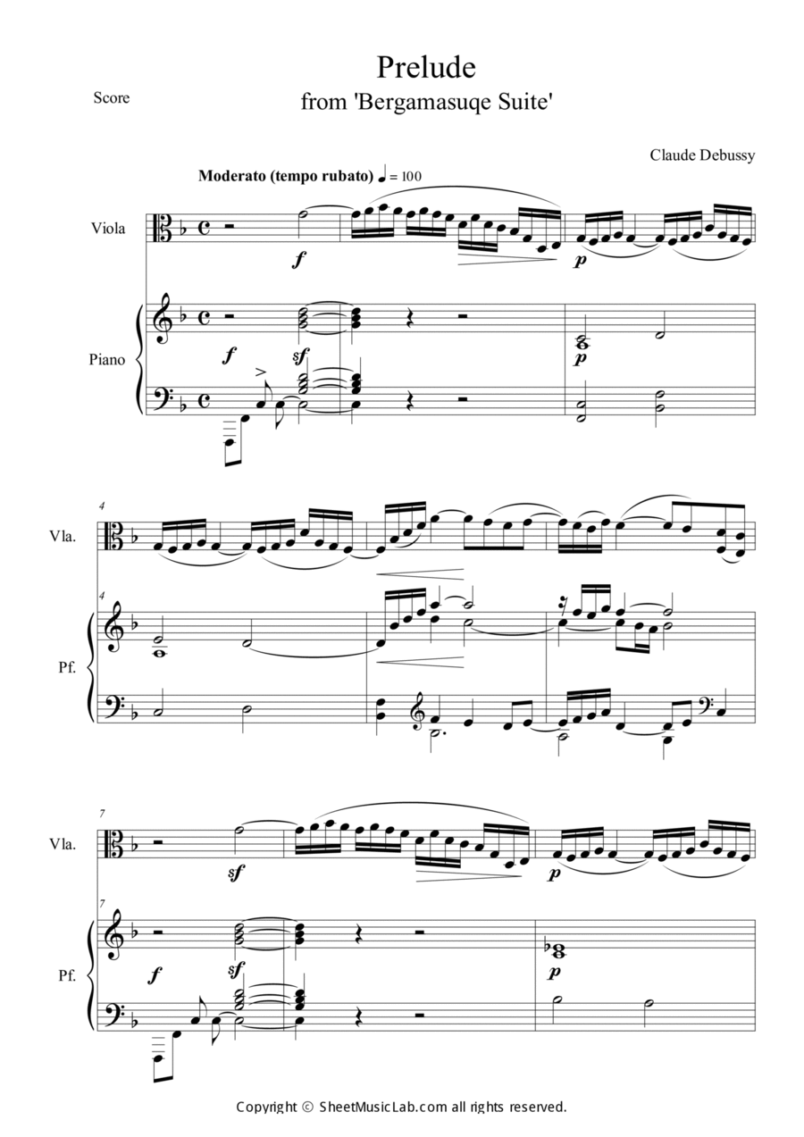 Prelude from Bergamasuqe Suite Viola scores gallery preview page 1