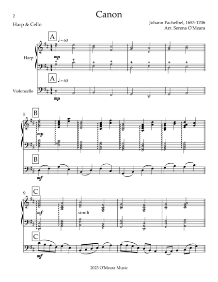 Canon, Duet for Cello & Harp by Johann Pachelbel String Duet - Digital Sheet Music