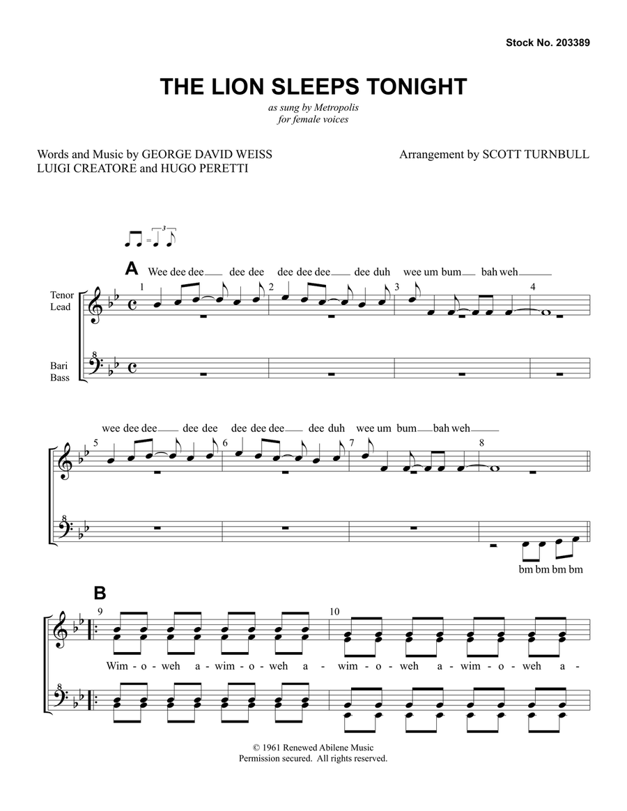 The Lion Sleeps Tonight (arr. Scott Turnbull) SSAA - Digital Sheet Music