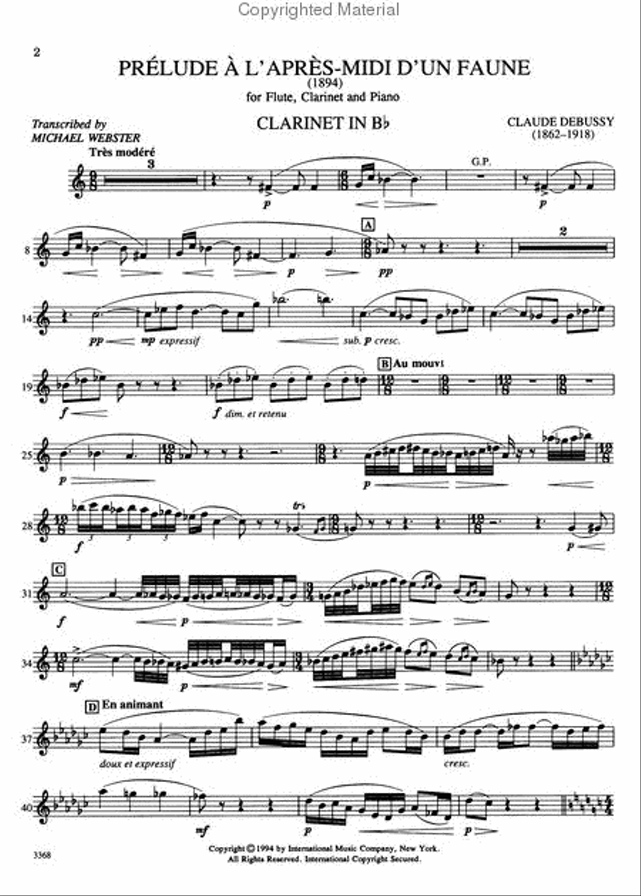 Prelude l'apres midi d'un faune (Prelude to 'Afternoon of a Faun') for Flute, Clarinet & Piano) Clarinet scores gallery preview page 3