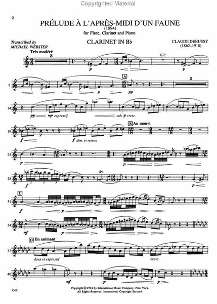 Prelude l'apres midi d'un faune (Prelude to 'Afternoon of a Faun') for Flute, Clarinet & Piano)