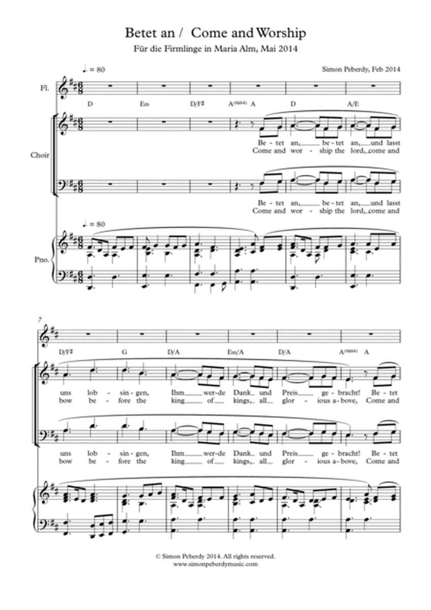 Come and Worship the Lord / Betet an (in English & German) SATB, piano & 2 flutes, by Simon Peberdy image number null