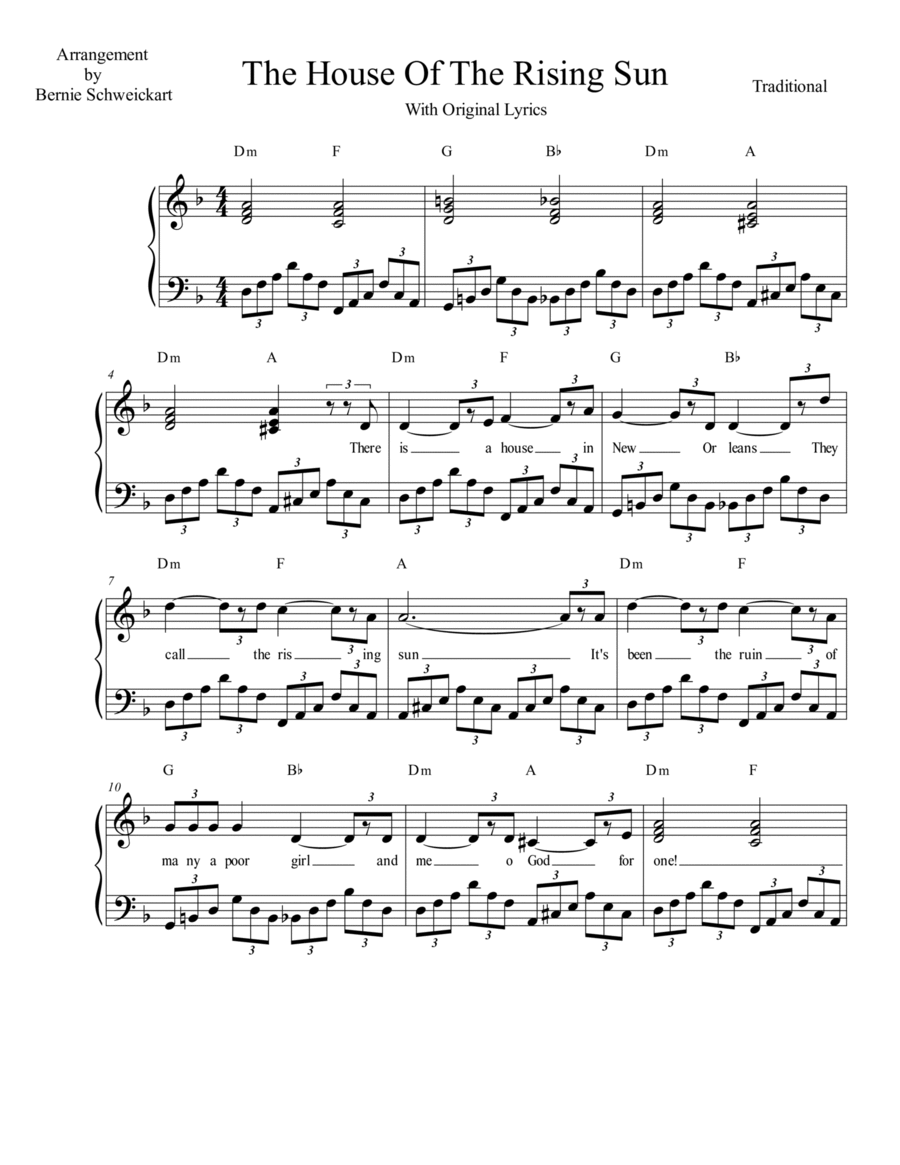 The House Of The Rising Sun (With Original Lyrics) Piano, Vocal, Guitar scores gallery preview page 1
