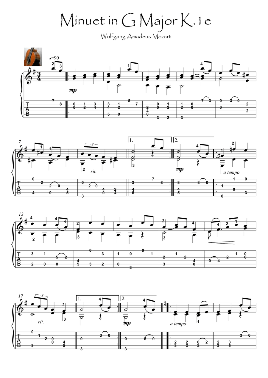 Minuet in G by Mozart guitar solo Acoustic Guitar scores gallery preview page 1