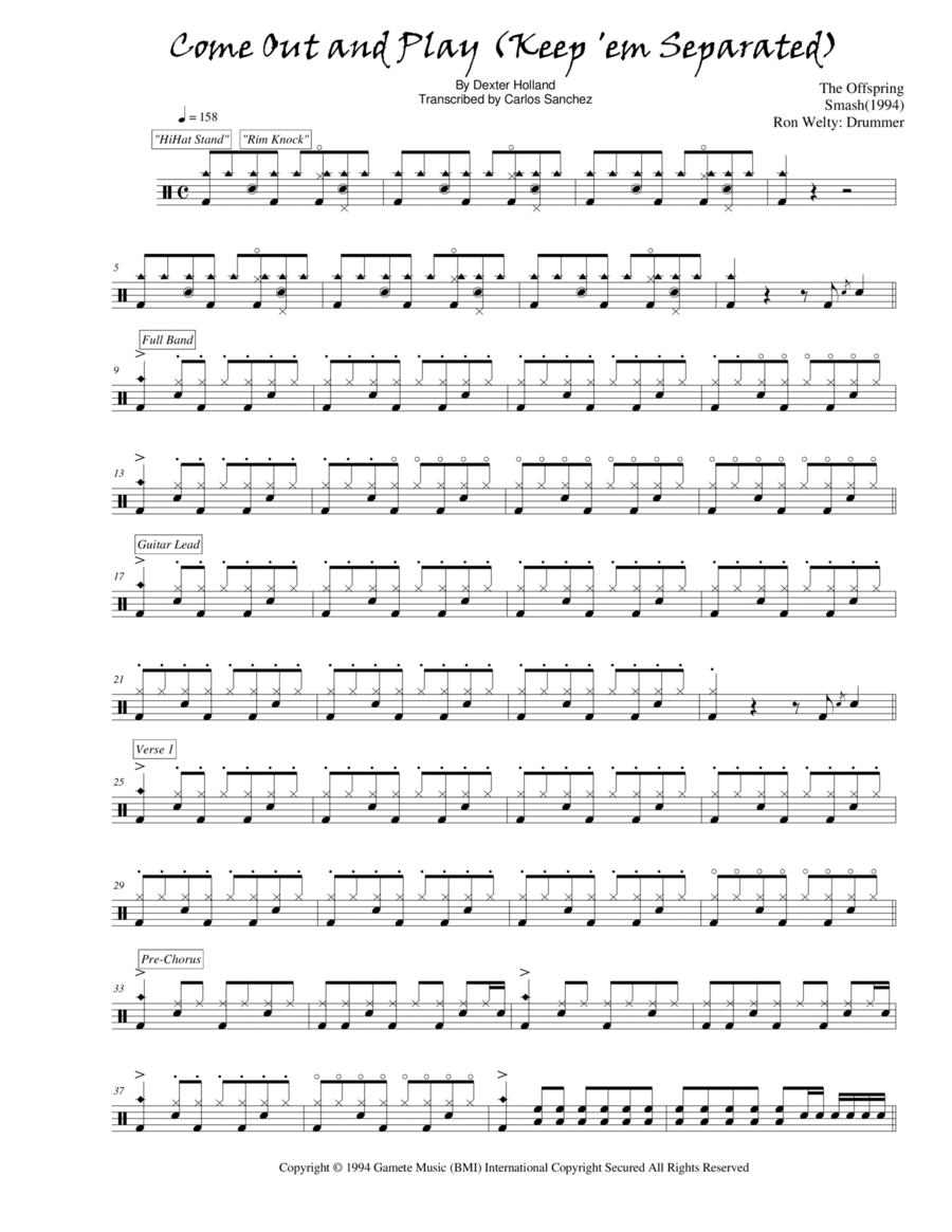 Come Out And Play (keep 'em Separated) Drum Set scores gallery preview page 1