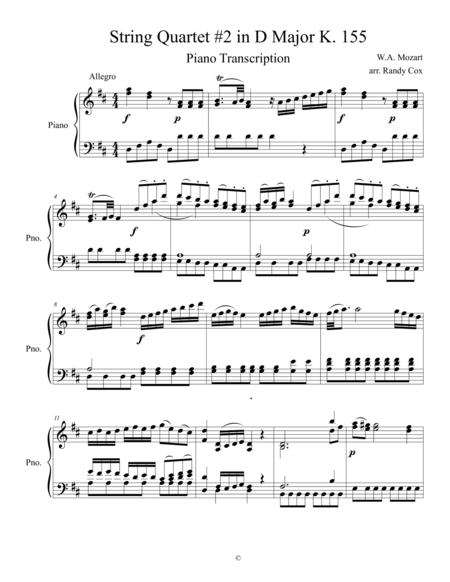 Mozart String Quartet #2 in D Major K.155 (Piano Transcription)