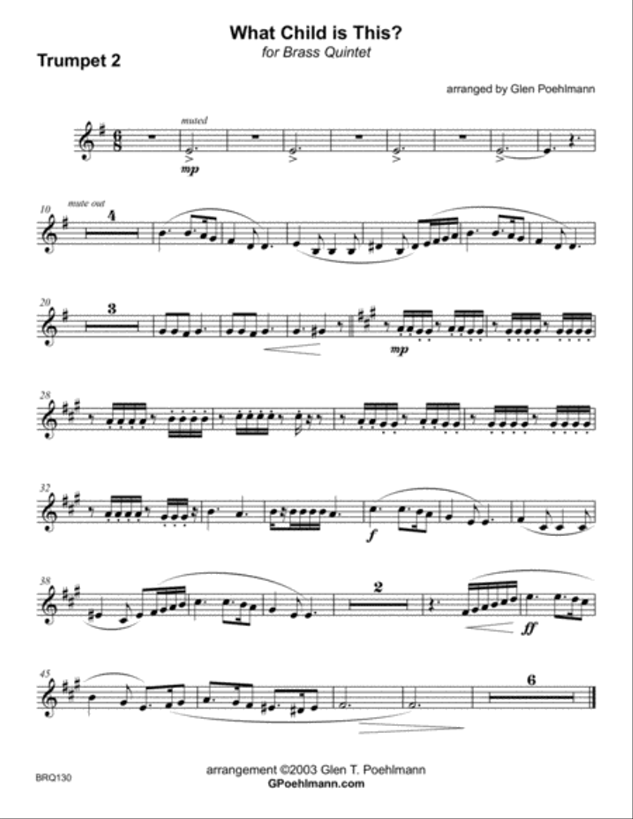 WHAT CHILD IS THIS (Greensleeves) arranged for BRASS QUINTET with optional Percussion Brass Ensemble scores gallery preview page 5