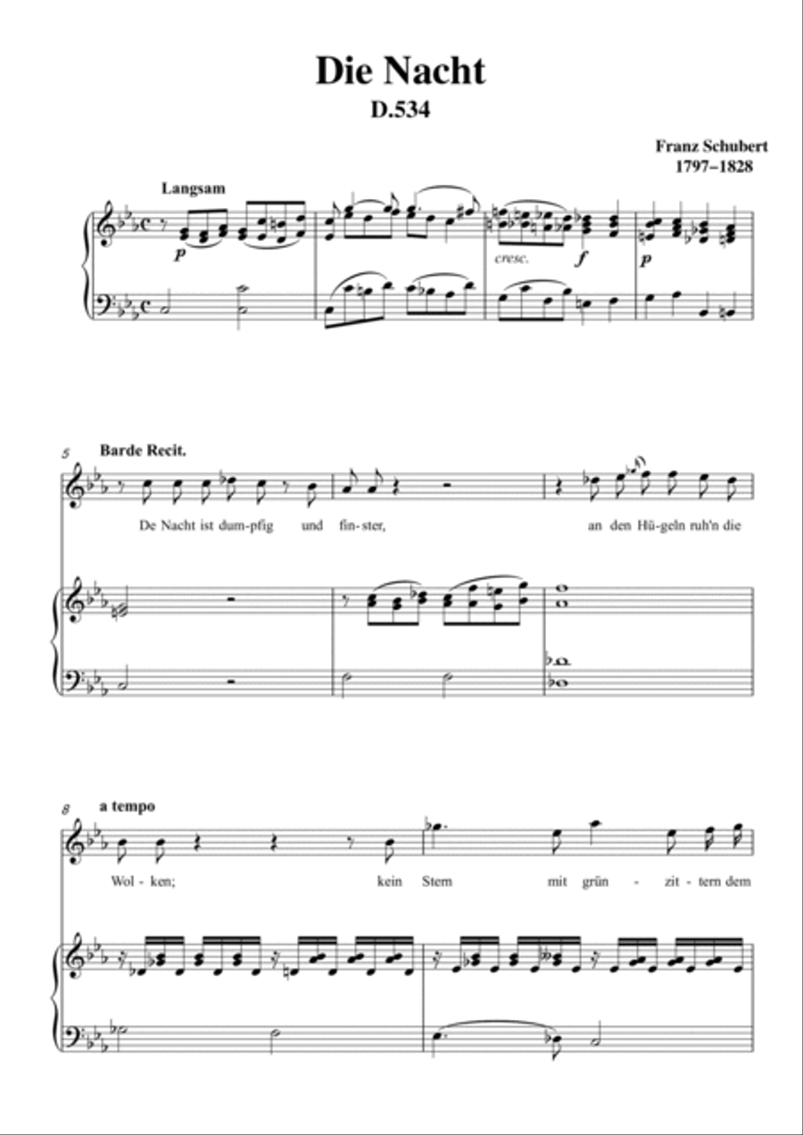 Schubert-Die Nacht in c minor,D.534,for Vocal and Piano Voice scores gallery preview page 2