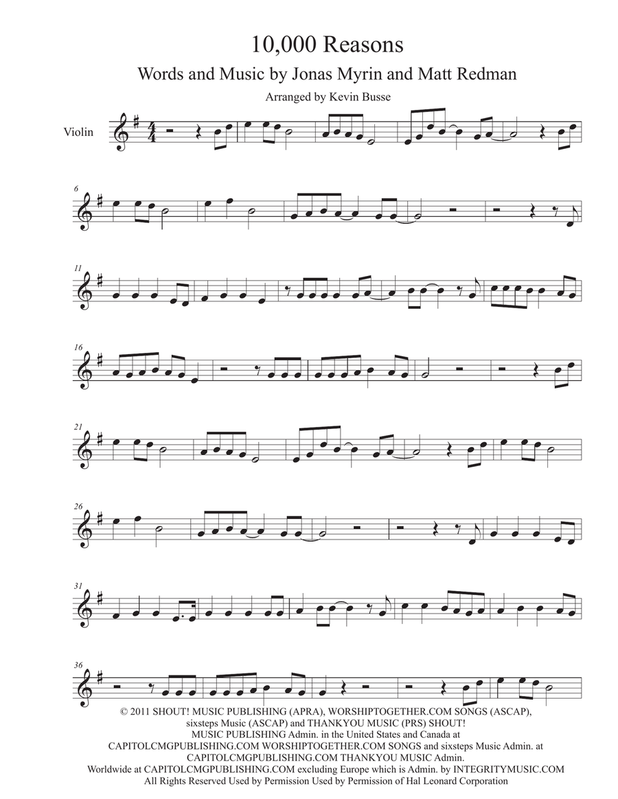 10,000 Reasons (Bless The Lord) by Matt Redman Violin Solo - Digital Sheet Music