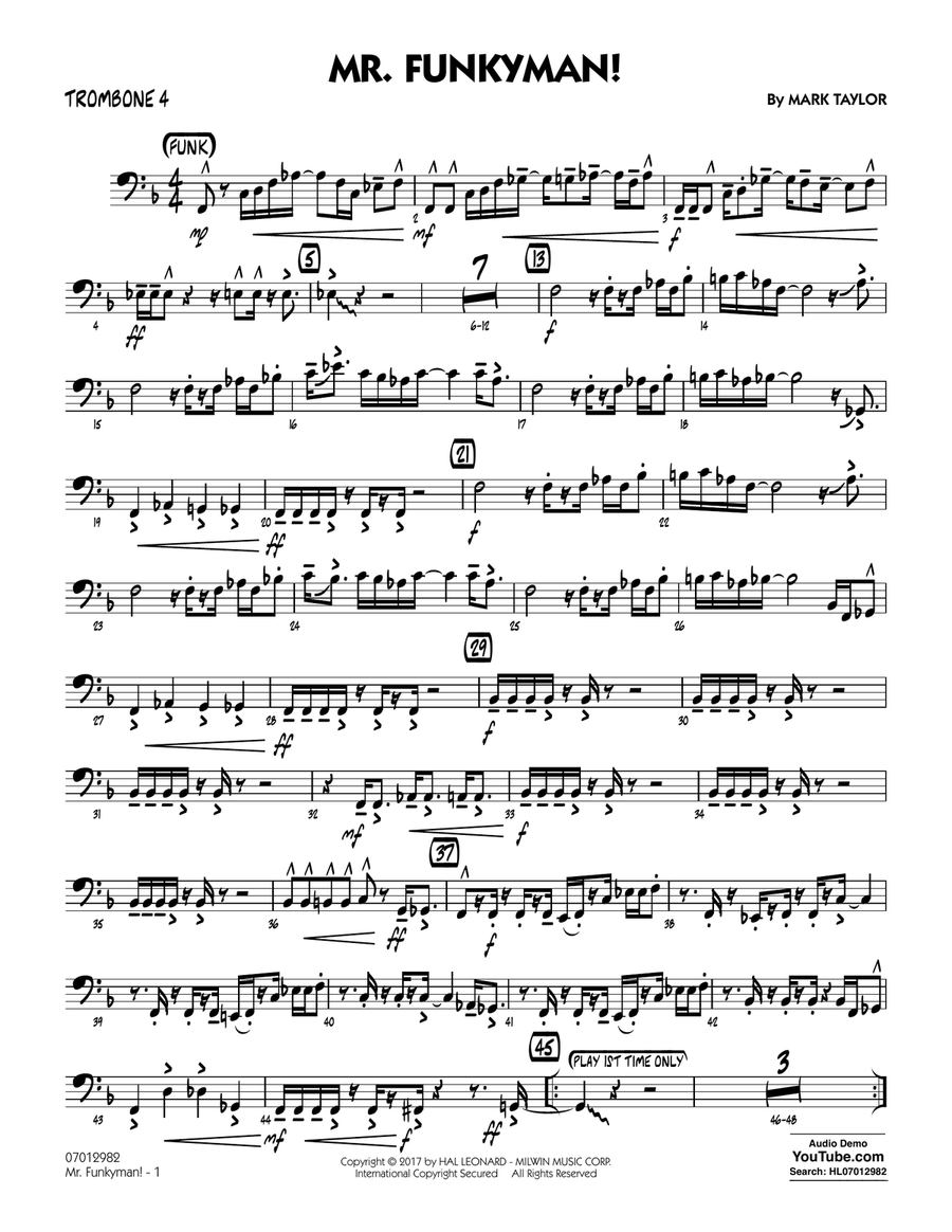 Mr. Funkyman! - Trombone 4 Jazz Ensemble scores gallery preview page 1
