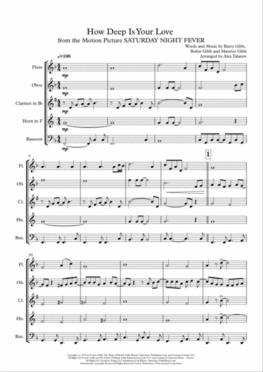 How Deep Is Your Love from the Motion Picture SATURDAY NIGHT FEVER Woodwind Quintet scores gallery preview page 2