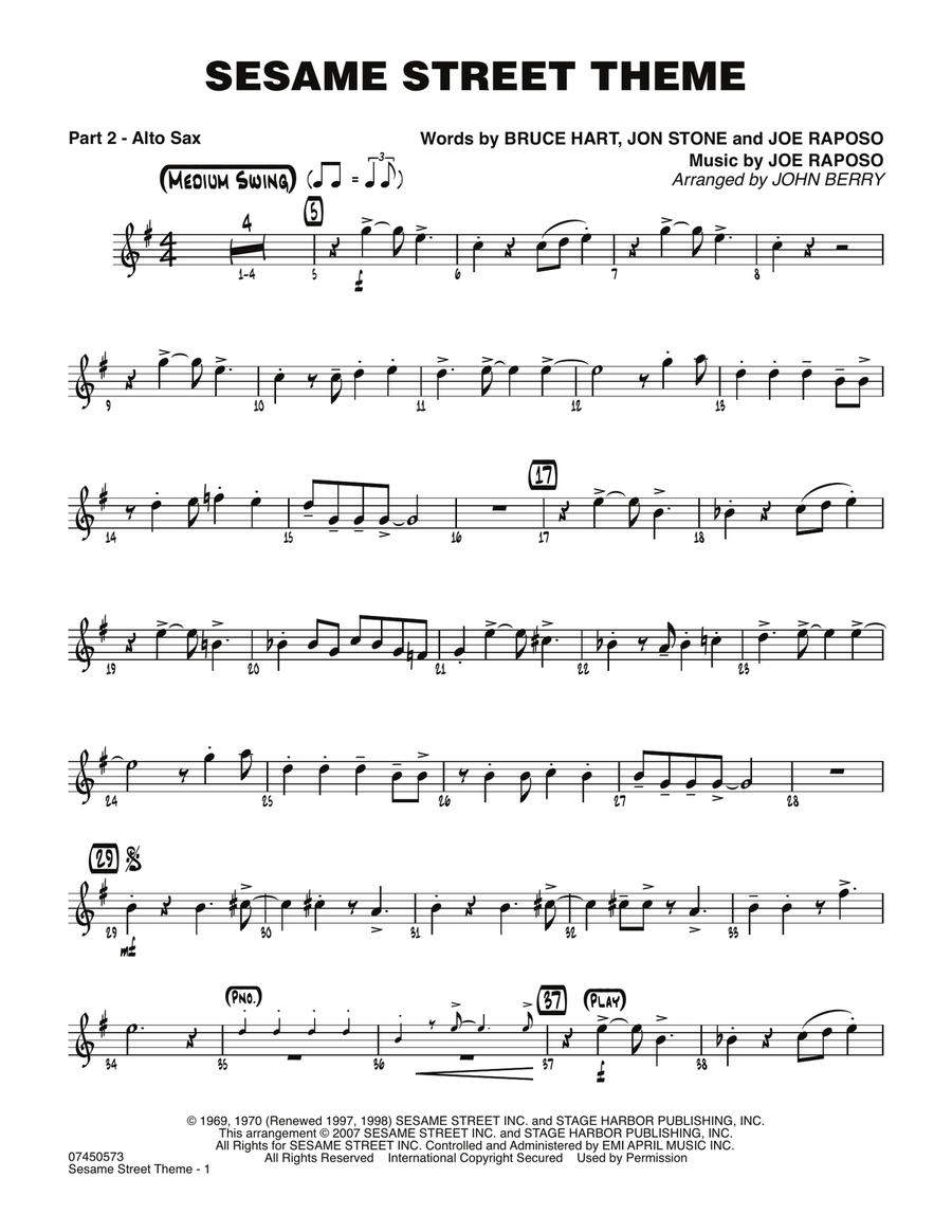 Sesame Street Theme - Part 2 - Eb Alto Sax Jazz Ensemble scores gallery preview page 1