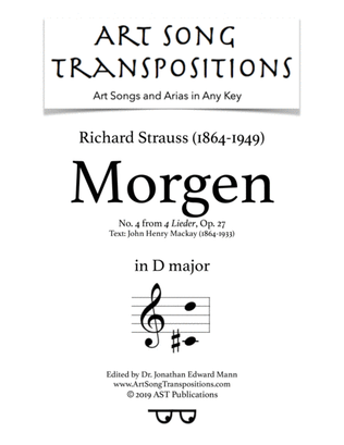 Book cover for STRAUSS: Morgen, Op. 27 no. 4 (transposed to D major)