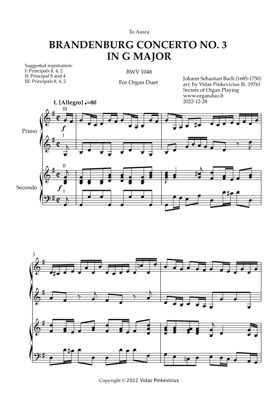 Brandenburg Concerto No. 3 in G Major, BWV 1048 (arr. for Organ Duet) by Johann Sebastian Bach Organ Solo scores gallery preview page 1