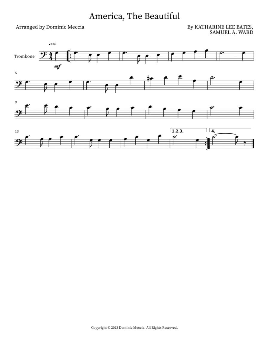 America, The Beautiful Trombone Solo scores gallery preview page 1