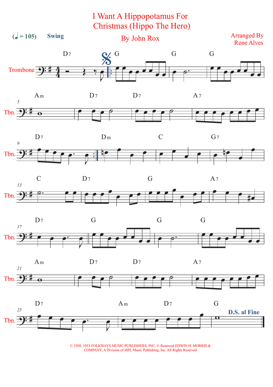 I Want A Hippopotamus For Christmas (Hippo The Hero) Trombone Solo scores gallery preview page 1