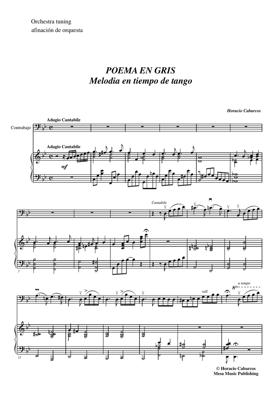 Horacio Cabarcos, Poema en Gris, Melodia en tiempo de tango for piano and bass. Double Bass scores gallery preview page 2