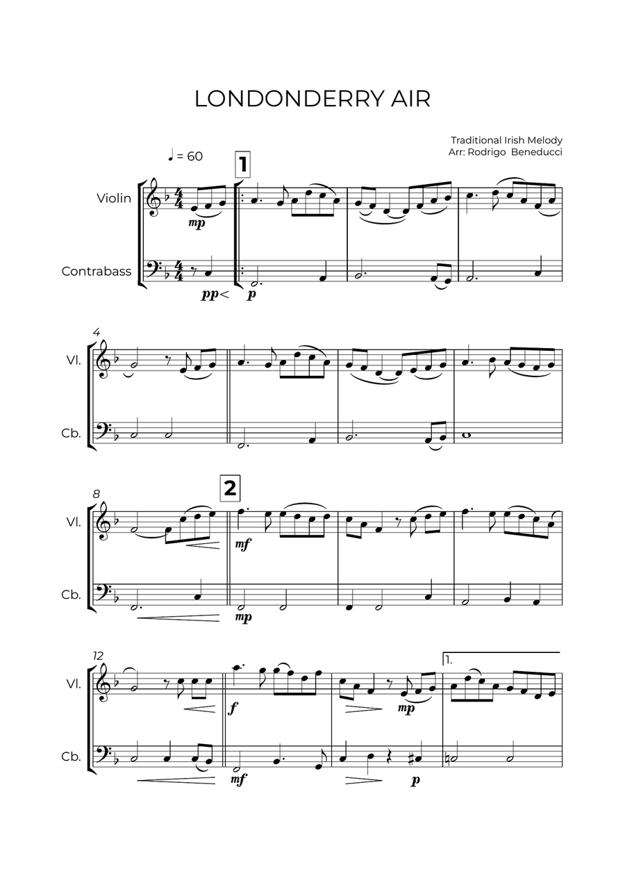 Londonderry Air - Traditional Irish Melody - VIOLIN & CONTRABASS String Duet scores gallery preview page 2