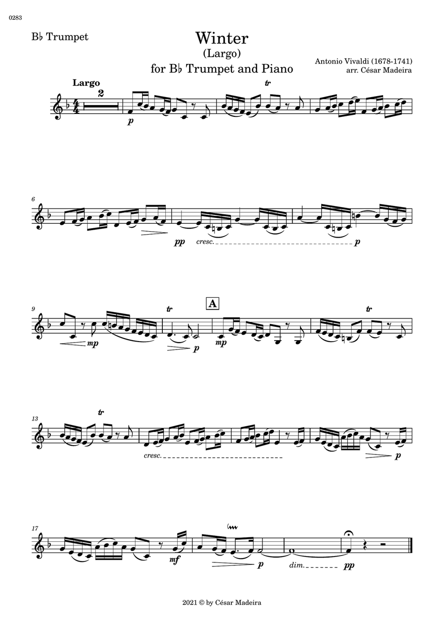 Winter by Vivaldi - Bb Trumpet and Piano - II. Largo (Individual Parts) B-Flat Trumpet scores gallery preview page 1