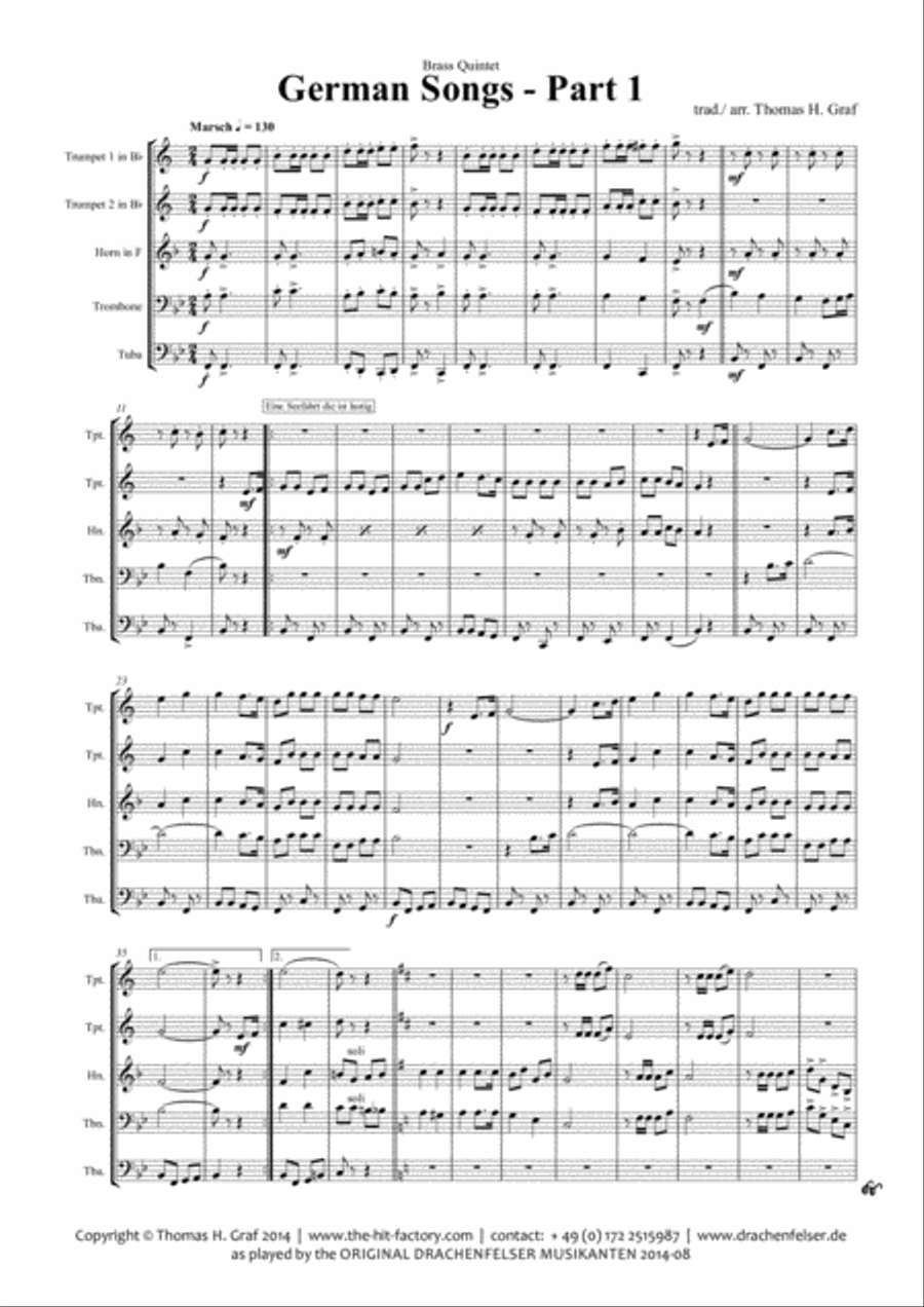 German Songs Part 1 - Oktoberfest - Brass Quintet Brass Quintet scores gallery preview page 1