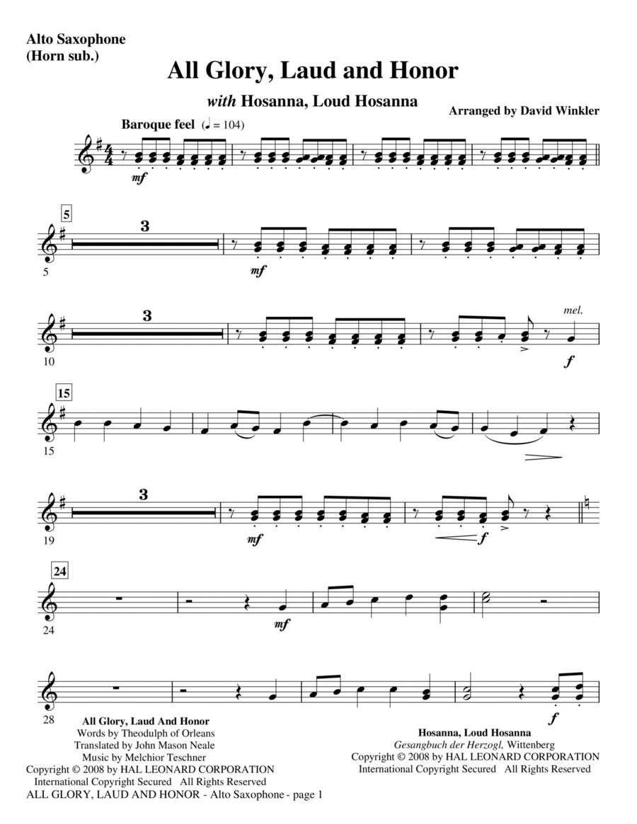 All Glory, Laud, And Honor (with Hosanna, Loud Hosanna) - Eb Alto Saxophone 1,2 Alto Saxophone scores gallery preview page 1