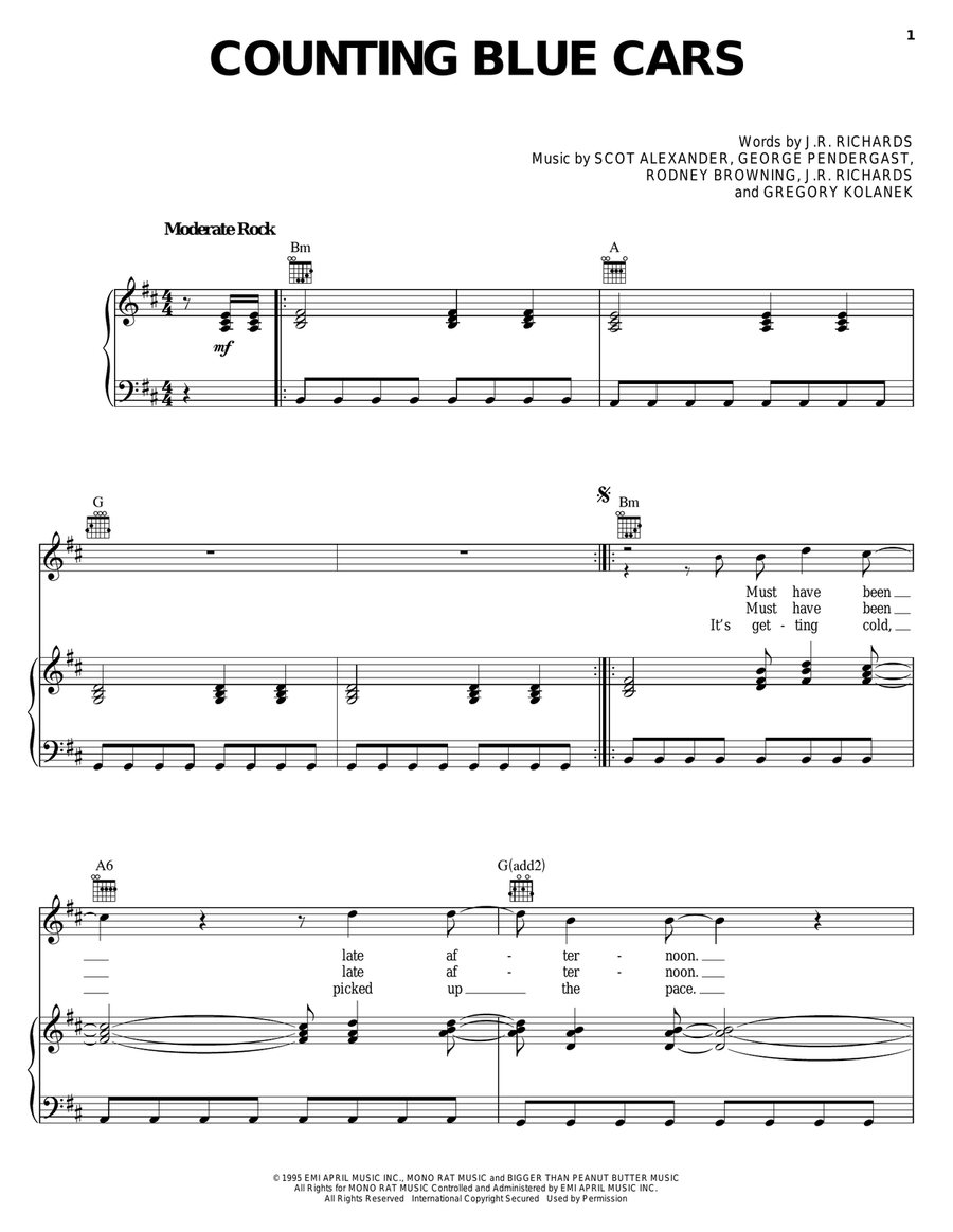Counting Blue Cars Counting Blue Cars Piano, Vocal, Guitar scores gallery preview page 1