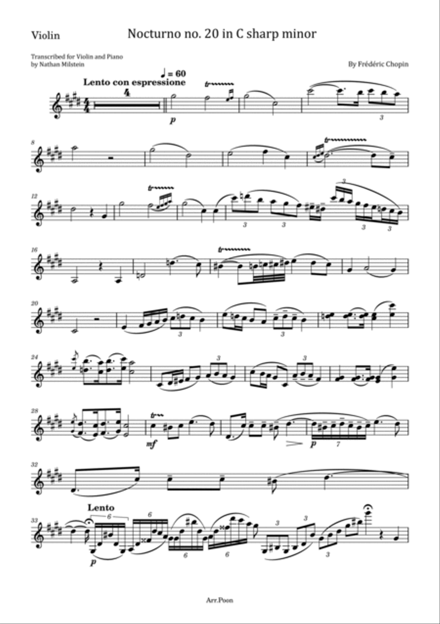 Chopin Nocturne No.20 in C-sharp minor B.49 - For Violin and Piano Original Violin Solo scores gallery preview page 5