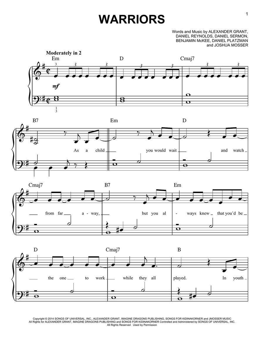Warriors Easy Piano scores gallery preview page 1