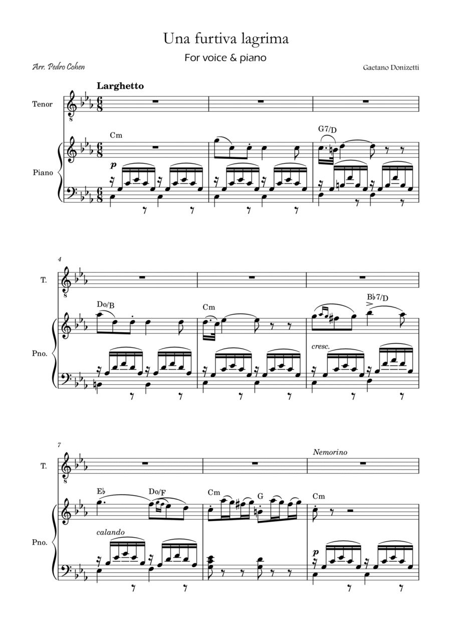 Una Furtiva Lagrima (Tenor in Cm) Piano, Vocal, Guitar scores gallery preview page 1