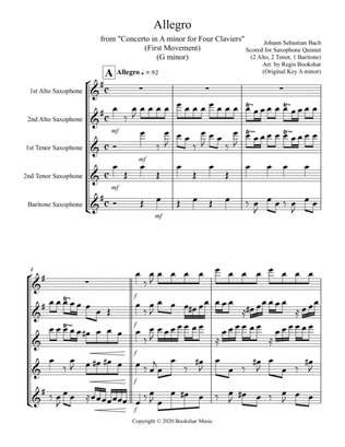 Book cover for Allegro (from "Concerto for Four Claviers") (G min) (Saxophone Quintet - 2 Alto, 2 Tenor, 1 Bari)