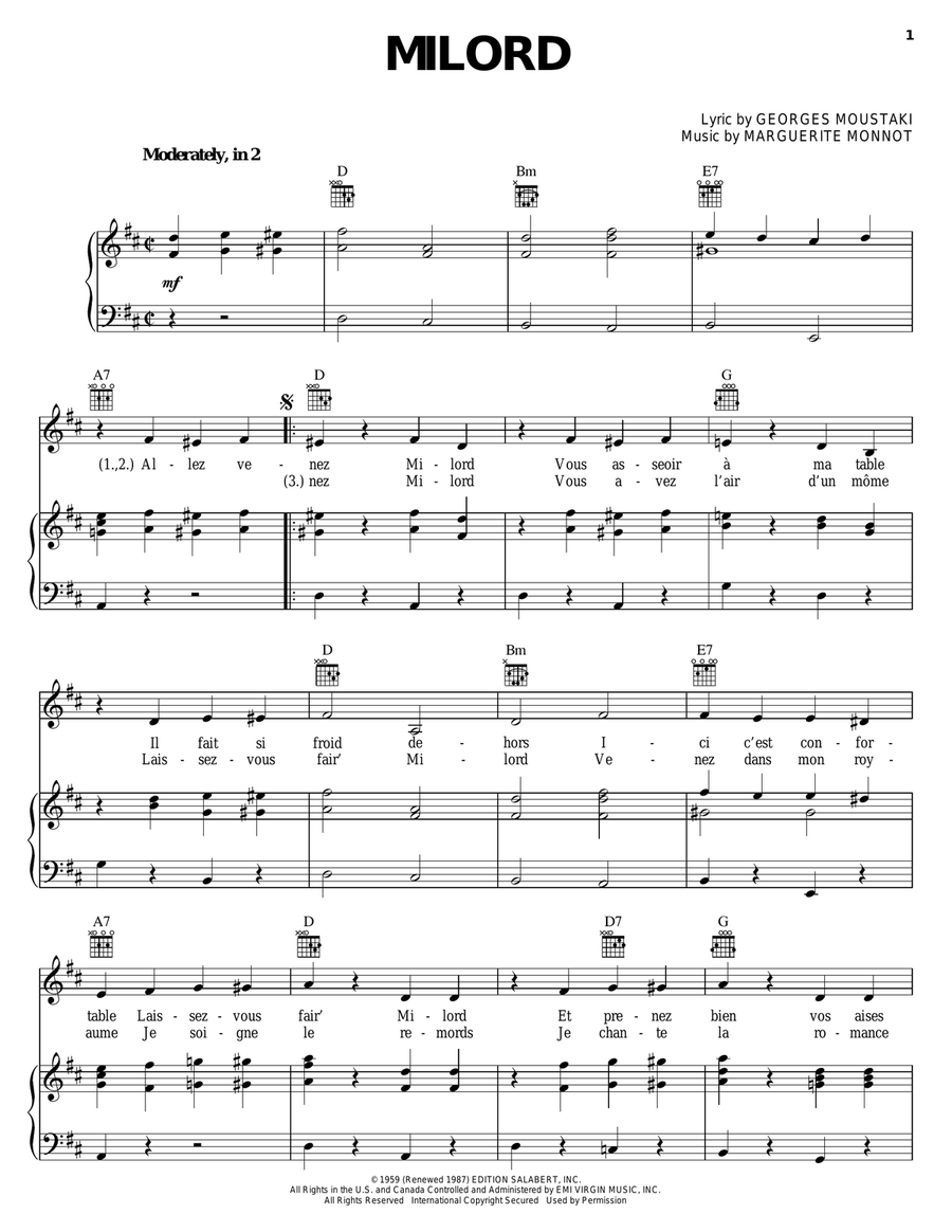 Milord Piano, Vocal, Guitar scores gallery preview page 1