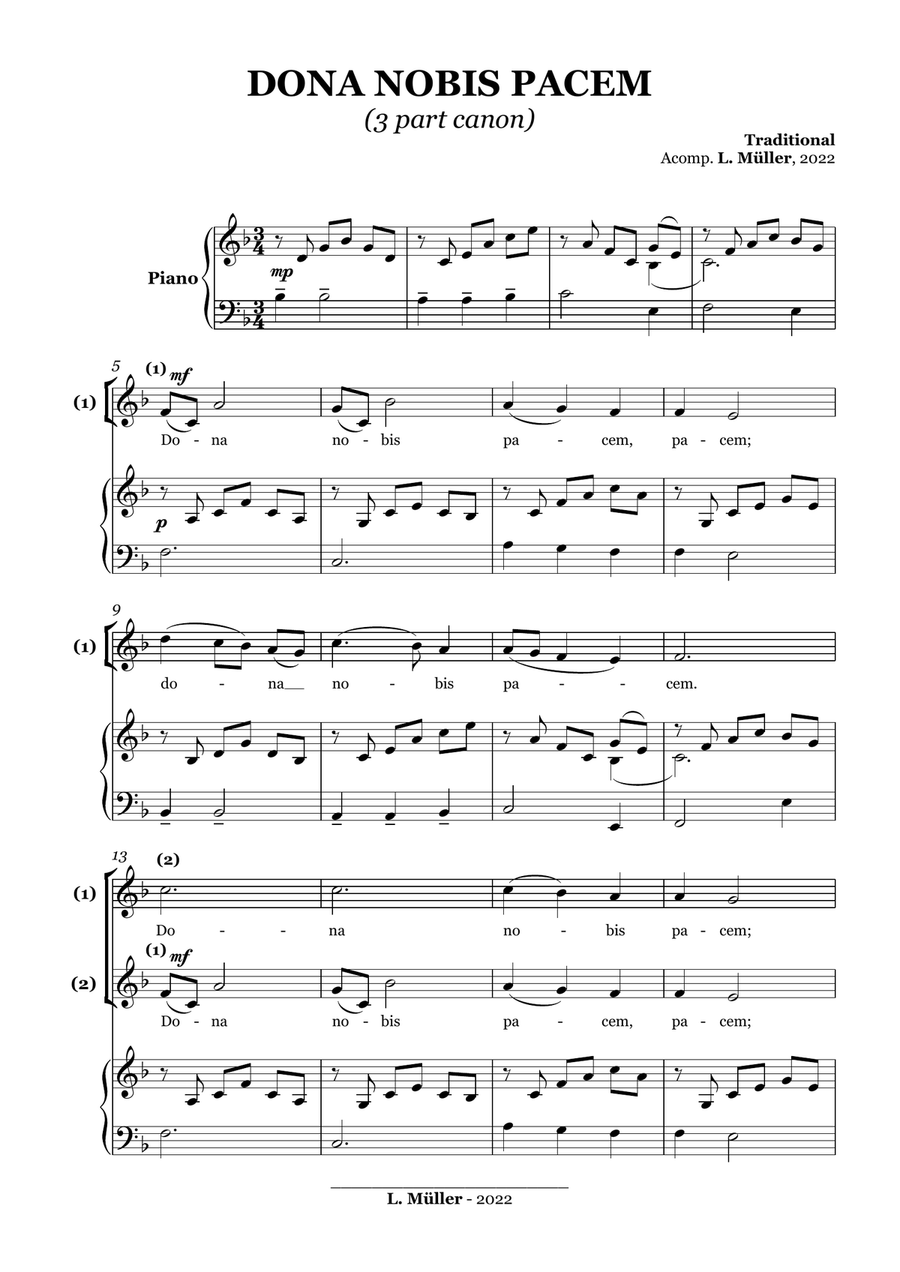 Dona Nobis Pacem (Canon) - With piano accompaniment 3-Part scores gallery preview page 1