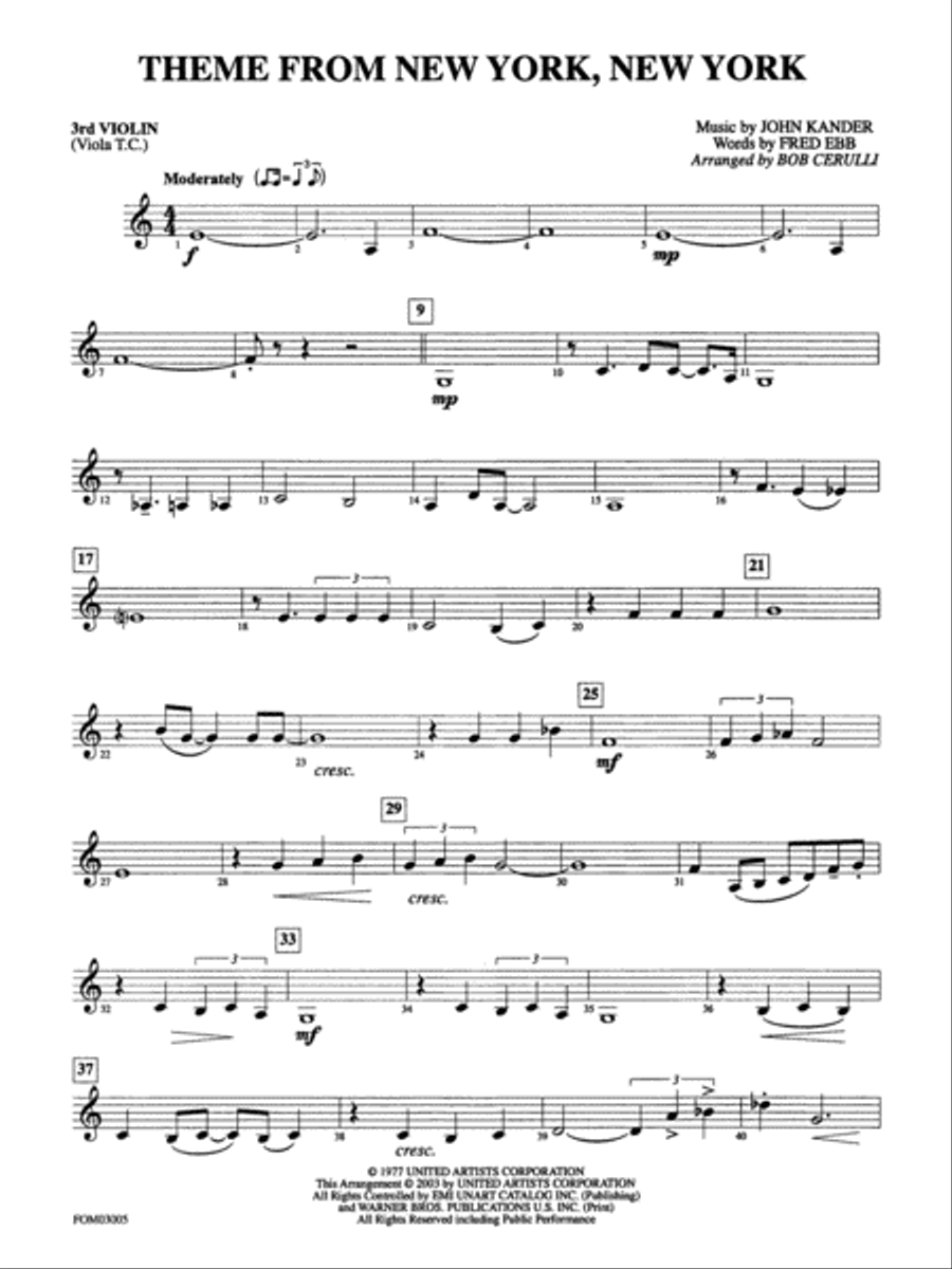 New York, New York, Theme from: 3rd Violin (Viola [TC]) Full Orchestra scores gallery preview page 1