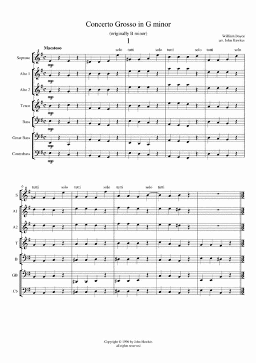 William Boyce Concerto Grosso in G minor Recorder scores gallery preview page 1