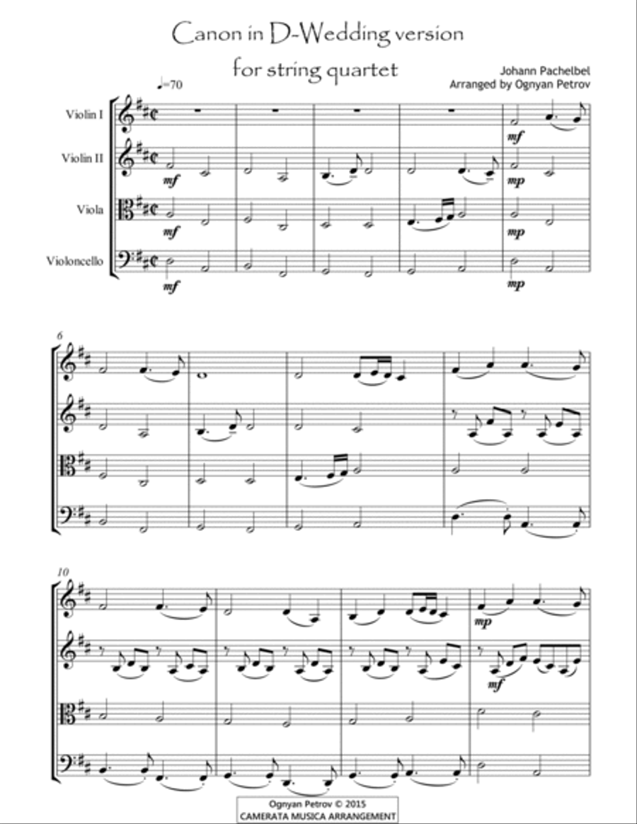 Canon in D-Weddind version for string quartet / optional part for Double Bass String Quartet scores gallery preview page 2