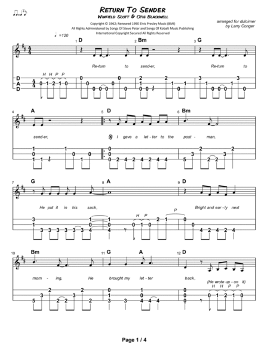 Return To Sender Dulcimer scores gallery preview page 2
