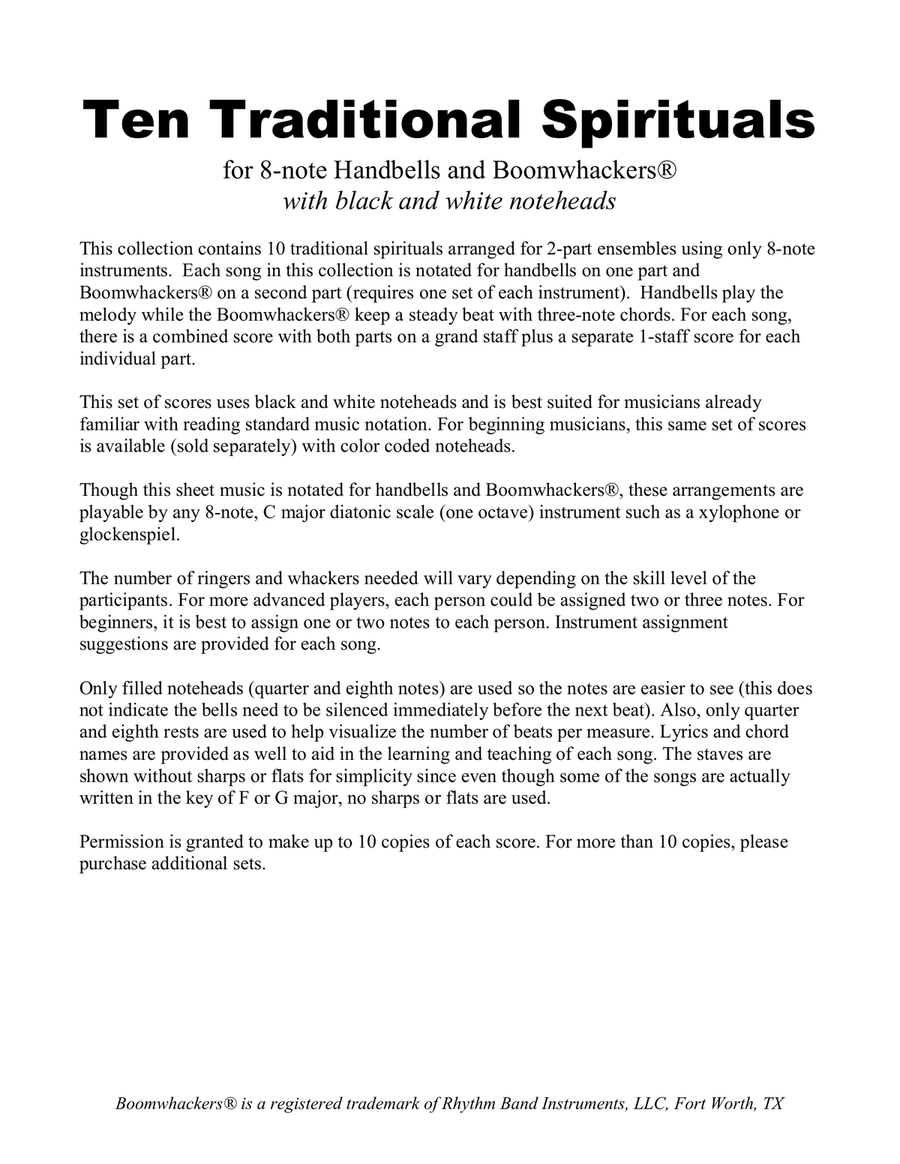 Ten Traditional Spirituals (for 8-note Bells and Boomwhackers with Black and White Notes) Handbell Choir scores gallery preview page 3