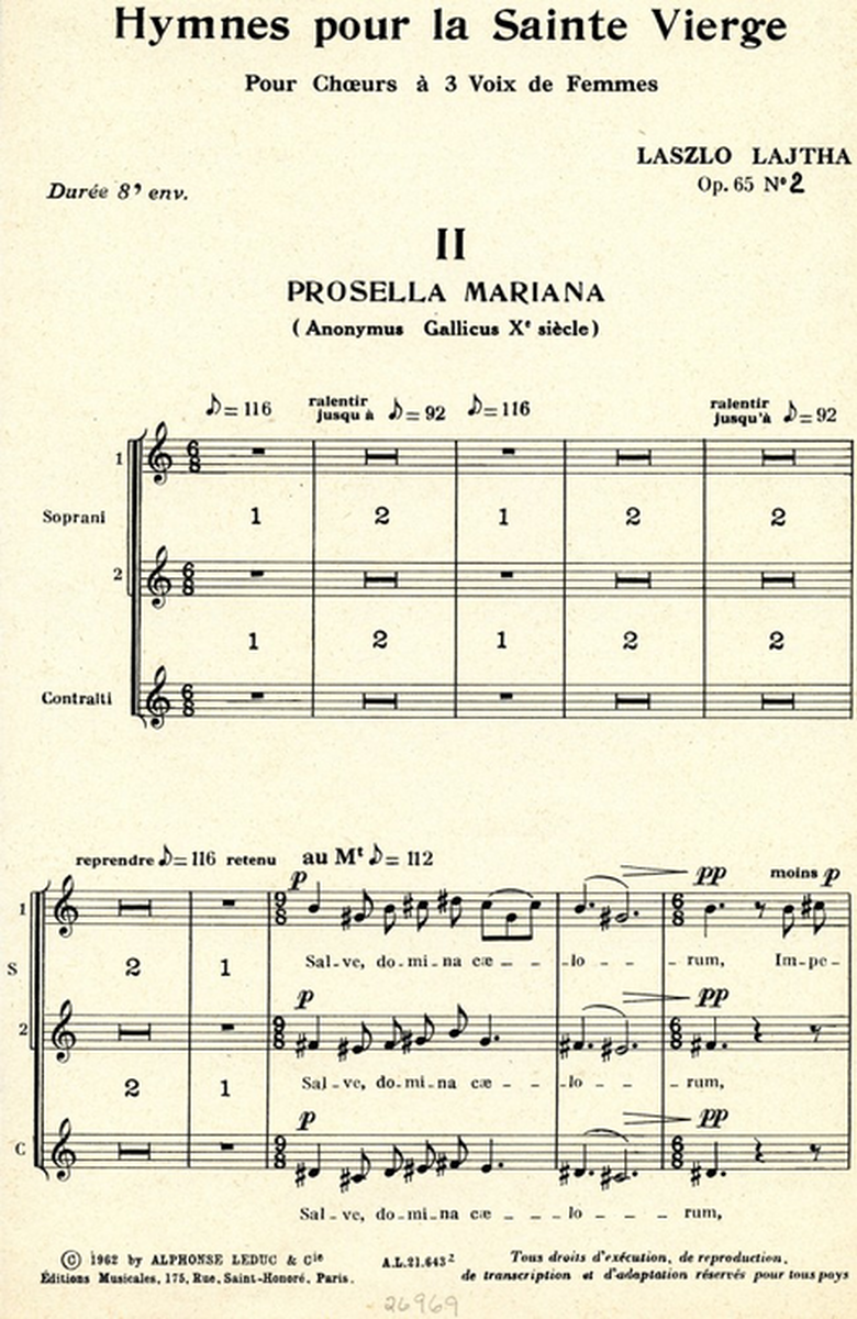 3 Hymnes Pour La Sainte Vierge: No.2 Prosella Mariana - 3 Voix De Femmes S/Acc
