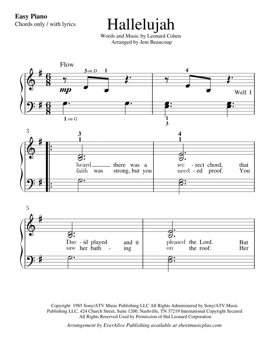 Hallelujah Easy Piano scores gallery preview page 1