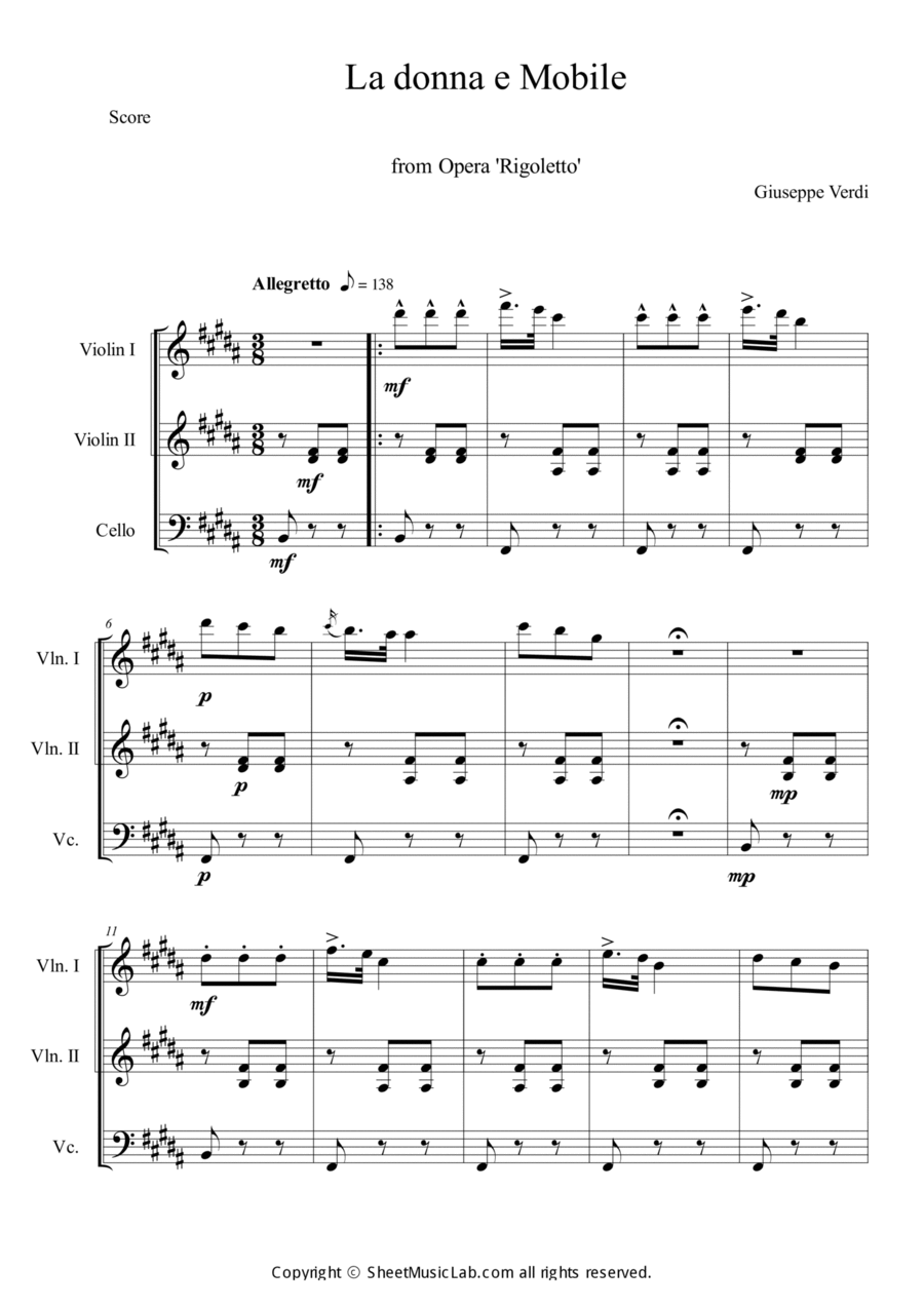 La donna e Mobile from Opera Rigoletto String Trio scores gallery preview page 1