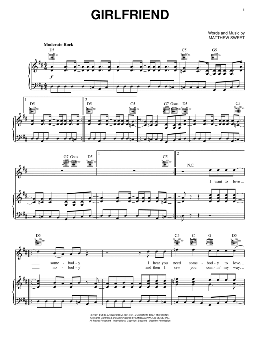 Girlfriend Piano, Vocal, Guitar scores gallery preview page 1