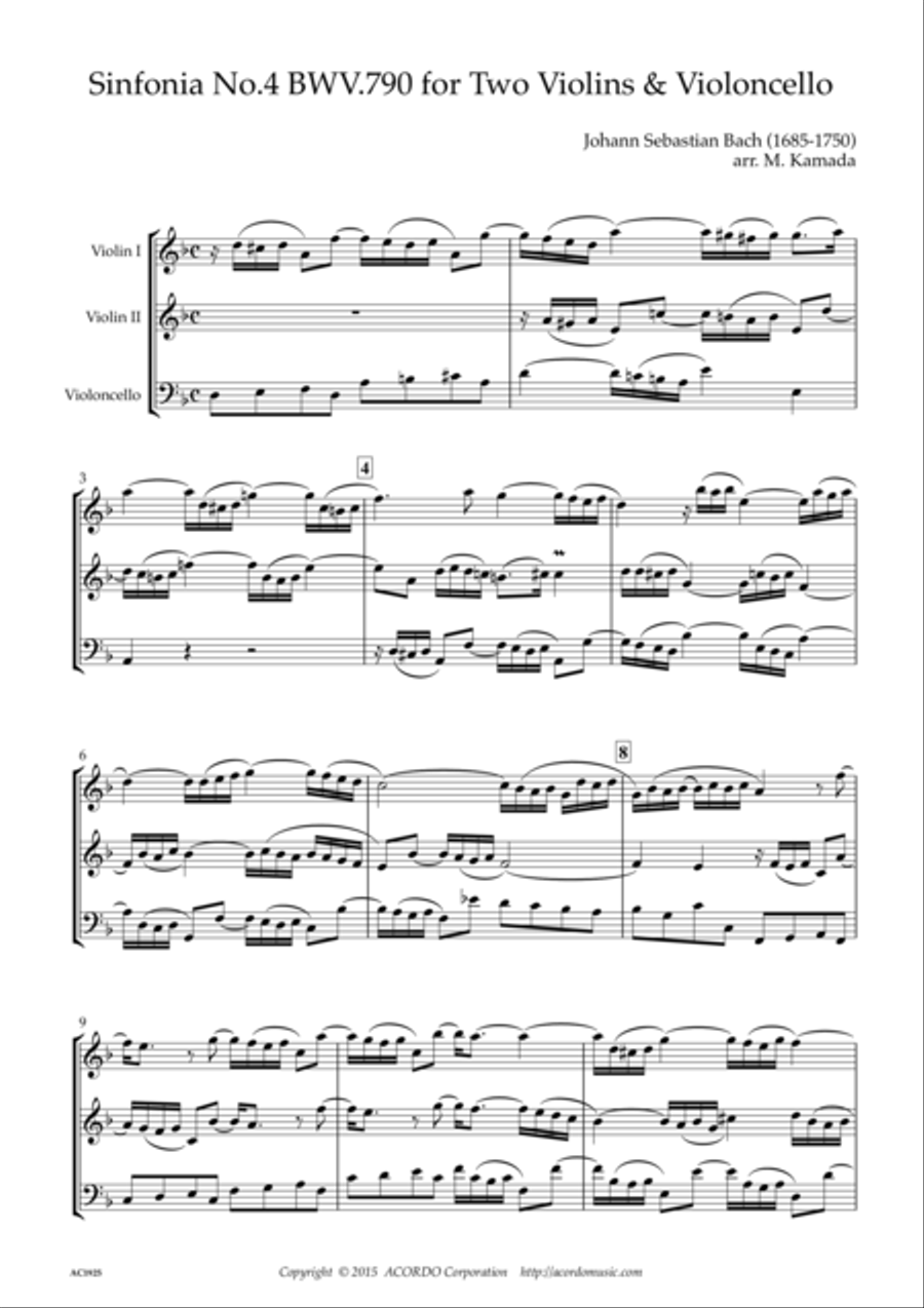 Sinfonia No.4 BWV.790 for Two Violins & Violoncello String Duet scores gallery preview page 1