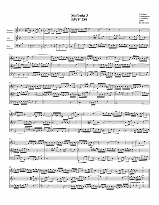 Sinfonia (Three part invention) no.3, BWV 789 (arrangement for 3 recorders)