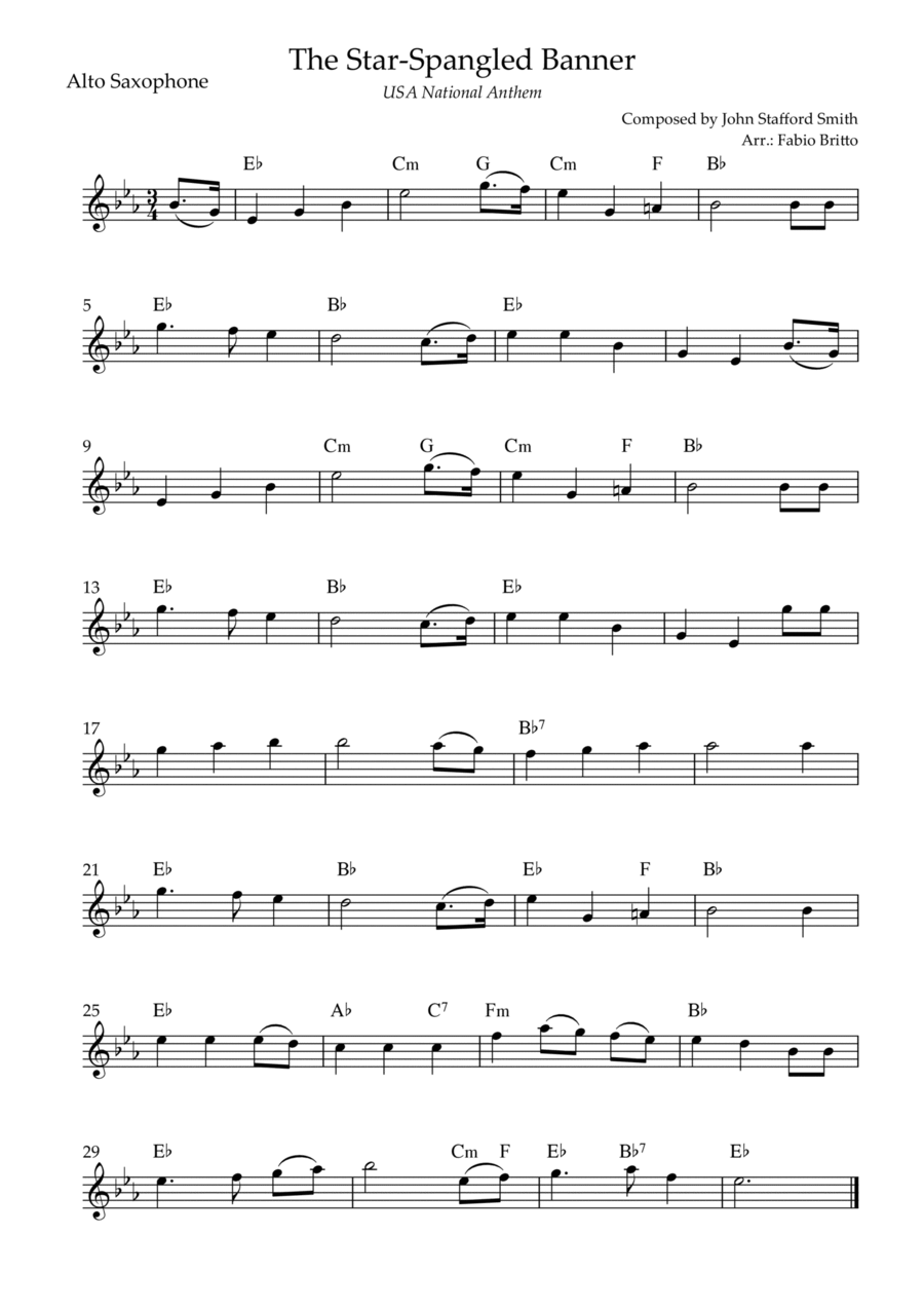The Star Spangled Banner (USA National Anthem) for Alto Saxophone Solo with Chords (Gb Major) Alto Saxophone scores gallery preview page 1