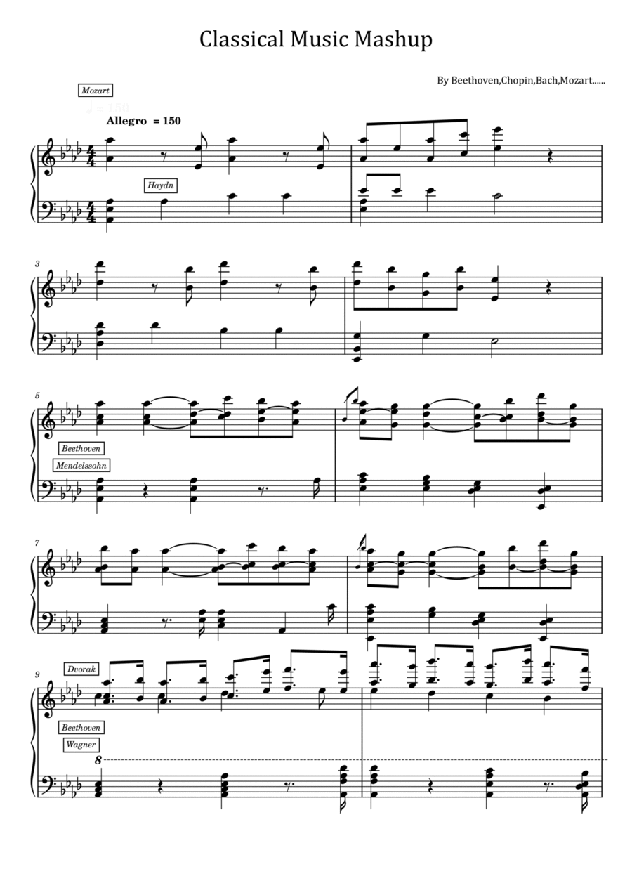 Classical Music Mashup - Variation For Piano Solo - Beethoven,Chopin,Bach,Mozart...... Piano Solo scores gallery preview page 1