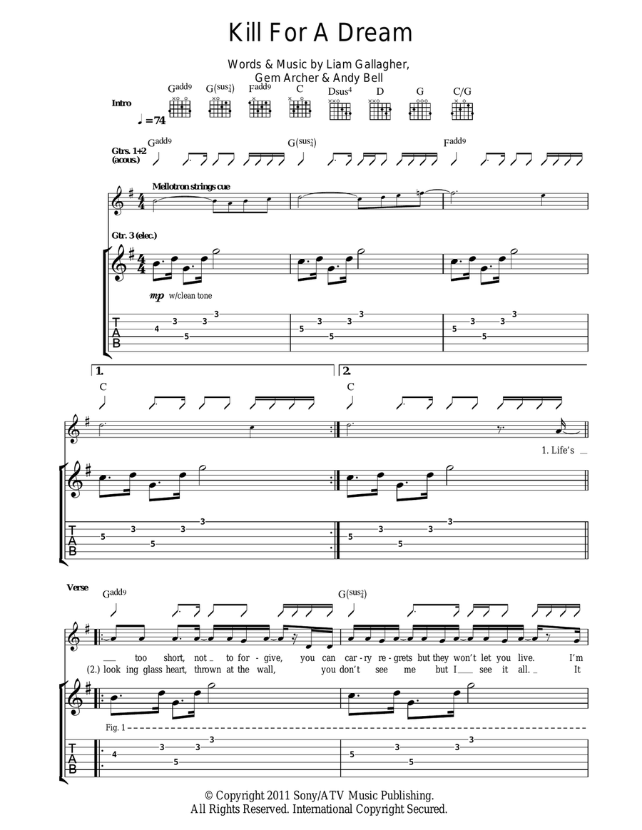 Kill For A Dream Guitar Tablature scores gallery preview page 1