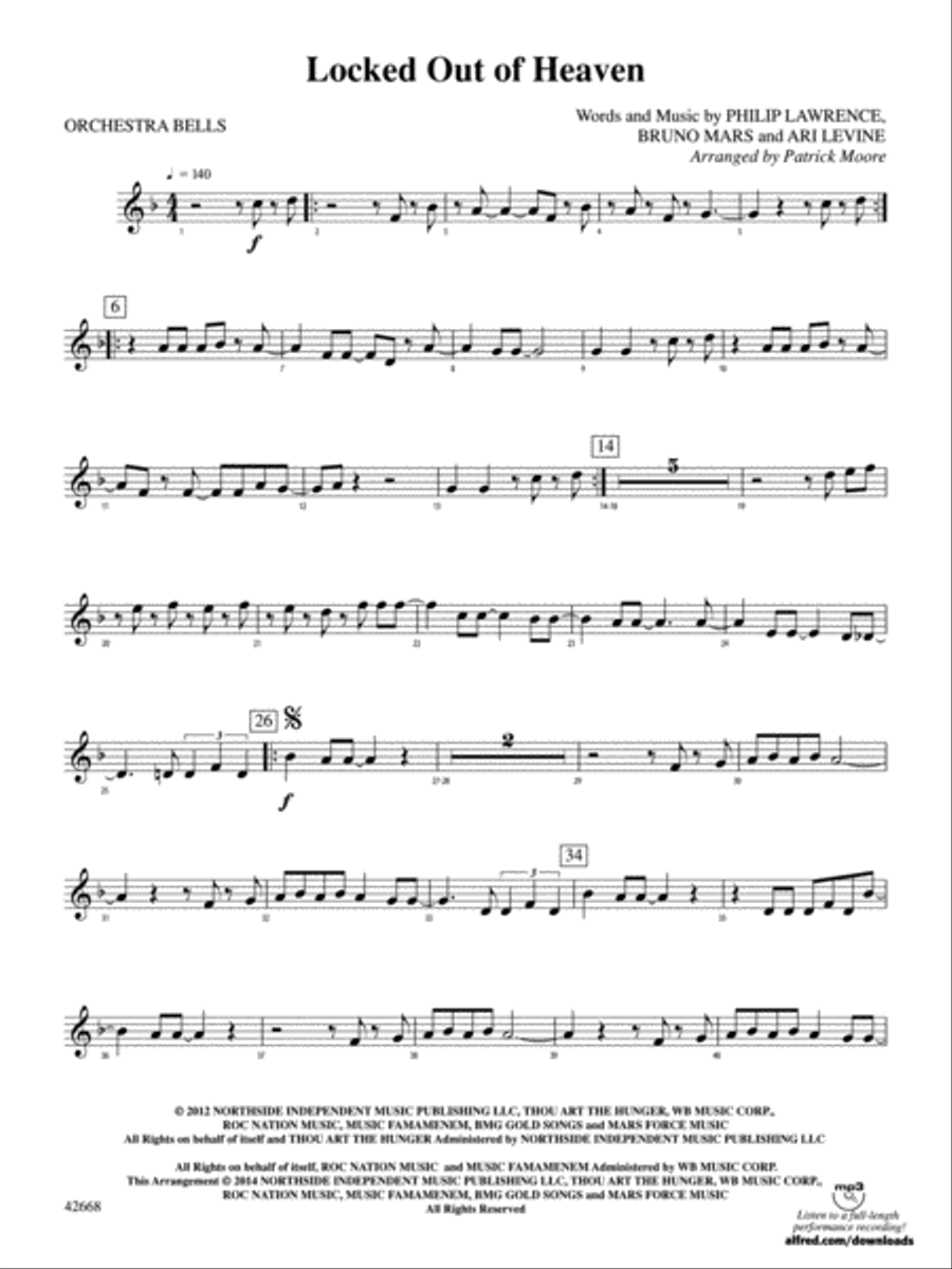 Locked Out of Heaven: Bells Percussion Ensemble scores gallery preview page 1