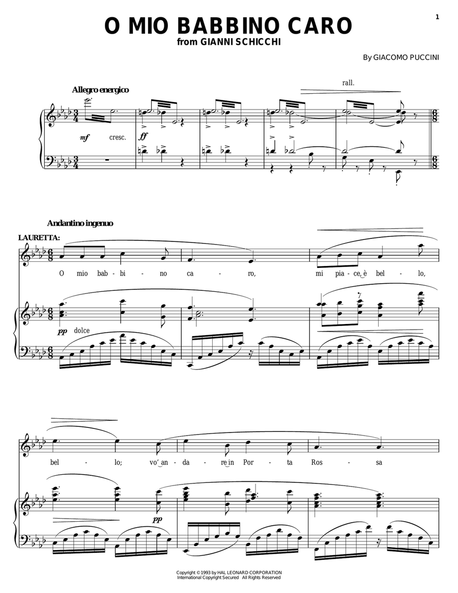 O Mio Babbino Caro O Mio Babbino Caro Piano, Vocal scores gallery preview page 1