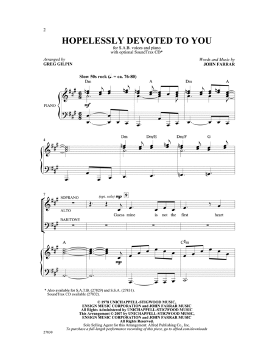 Hopelessly Devoted to You 3-Part scores gallery preview page 2